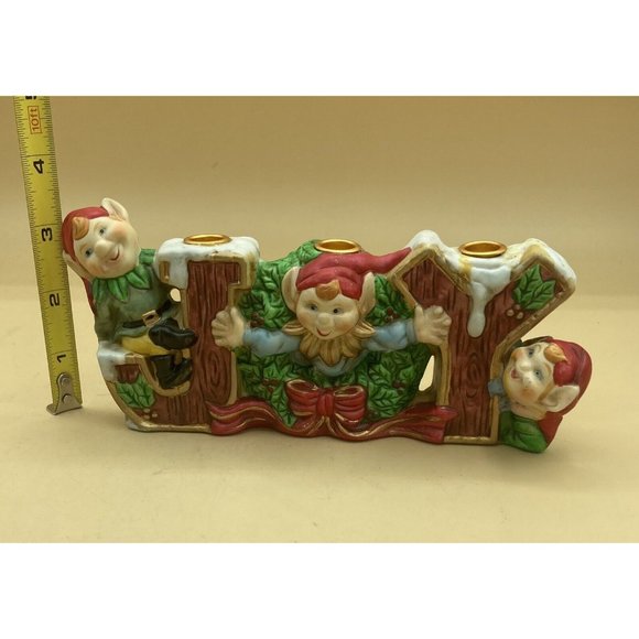 Robel Hall Ceramic JOY Christmas 3 Elves Pixies Candle Holder Vintage - Picture 9 of 10
